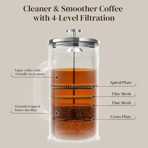 Veken French Press Coffee Maker 34oz 1 L, No Plastic Touching Cafe, Heat Resistant Thickened Borosilicate Glass, Stainless Steel Brewer, Cold Brew Cafetera Teapot for Kitchen Travel Camping, Silver