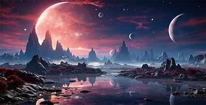72X18IN Cosmic Spaceterrarium Background, Cool Parallel Space Themed Aquarium Reptile Habitat Background, Red Moon Aquarium Background with 10EVA Double-Sided Tape