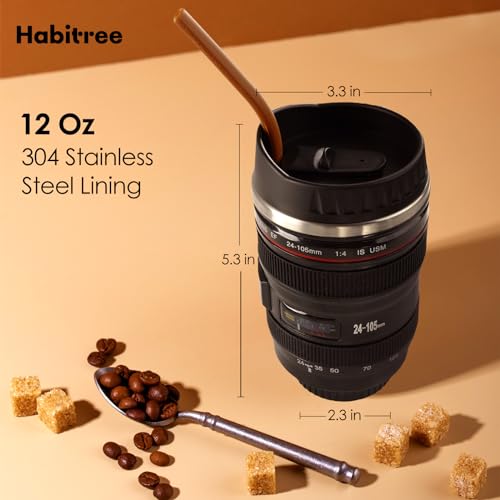 Coffee Mug- Ideal for Photographers&Travelers - Day Gifts,2 Lids,Cup Holder,Silicone Straw- Stainless Steel Lens Mug Thermos-Gift for Him, Photography, Camera accessories, Novelty Gifts