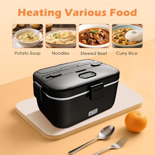 Electric-Lunch-Box-Heated-Food-Warmer 100W Heating Lunchbox for Adults 1.8L Portable Food Heater for Work/Car, 12V/24V/110-230V Lonchera Eléctrica Portátil with Fork Spoon (Black)