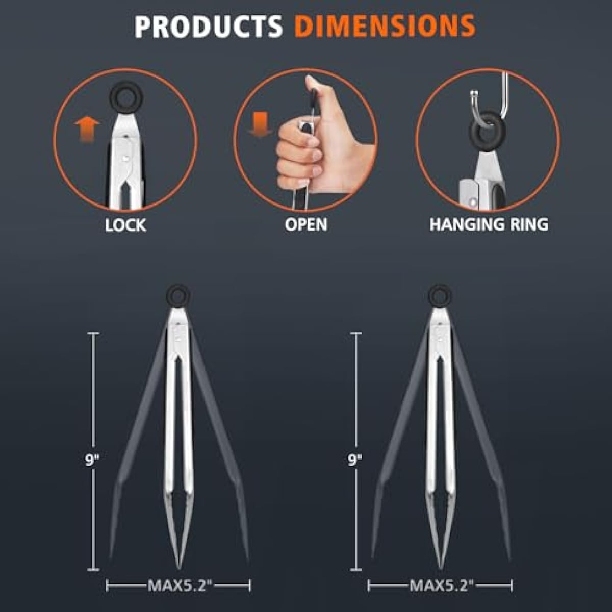 Hotec Stainless Steel Kitchen Tongs, Set of 2-9" and 12", Locking Metal Food Tongs for Cooking, Serving, BBQ, Grill Non-Slip Grip