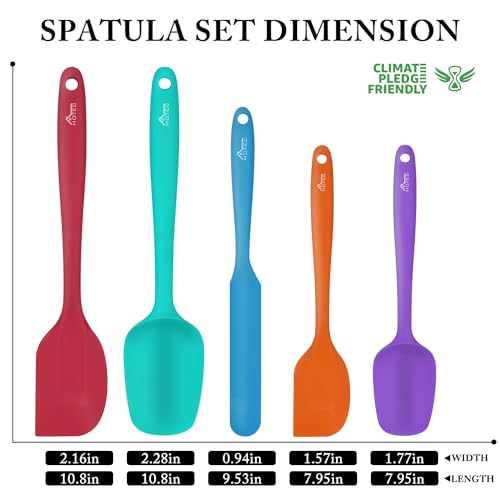 HOTEC Heat Resistant 600℉ Food Grade Silicone Rubber Spatula Set for Baking, Cooking, and Mixing Non Stick Dishwasher Safe BPA-Free Multicolor Set of 5