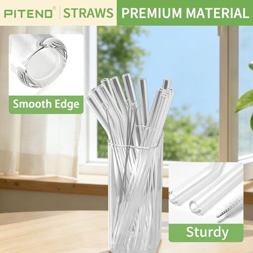Piteno® 16-Pack Reusable Glass Straws Set, Clear Glass Drinking Straws, 8.5''x10MM, Set of 6 Straight and 6 Bent with 4 Cleaning Brushes, Perfect for Smoothies, Milkshakes, Juice, Tea