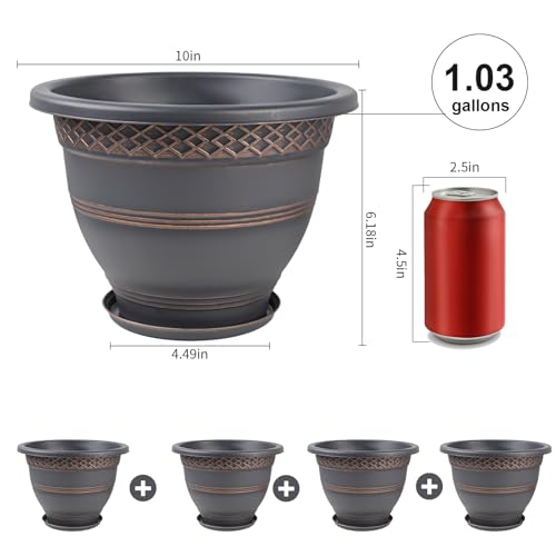 10 Inch 4 Pack Plant Pots, Plastic Flower Pot for Indoor & Outdoor with Drainage Holes & Saucer, Plaid Pattern Planters Garden Pots for Herbs
