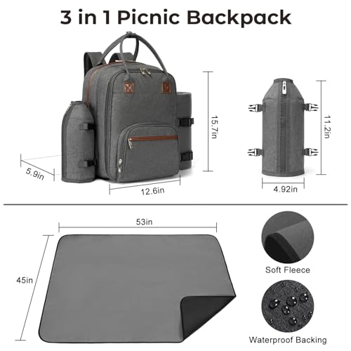 ALLCAMP Picnic Backpack - Insulated Cooler Bag with Compartment, Detachable Wine Glass Holder, Throw Blanket & Cutlery Set, 2 Person Picnic Set for Family Outings, Couple Gifts (Gray)