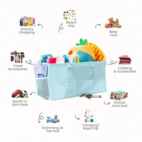 Extra Large Utility Tote Bag - Oversized Collapsible Reusable Wire Frame Rectangular Canvas Basket With Two Exterior Pockets For Beach, Pool, Laundry, Car Trunk, Storage - Light Blue