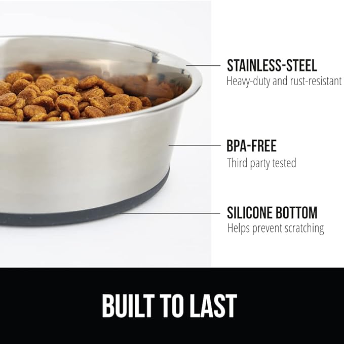 GORILLA GRIP Set of 2 Dog Bowls, Holds 6 Cups (48 fl oz), Heavy Duty Metal Food and Water Bowl for Feeding Dogs and Cats, Dishwasher Safe, Rust Resistant Stainless Steel, BPA Free Rubber Base, Gray
