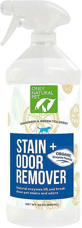 Only Natural Pet Enzyme Powered Stain & Odor Eliminator - Professional Pet Urine Pee Cleaner Deodorizer For Dogs - Hardwood Floors Carpets Upholstery - Fresh Mandarin Orange & Green Tea Scent - 32Floz