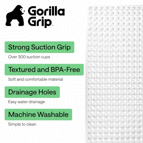 GORILLA GRIP Patented Bath Tub Shower Mat, Machine Washable Bathtub Floor Liner Mats, Suction Cups and Drain Holes to Keep Tubs Clean, Soft on Feet, Bathroom Essentials, 35x16 Inch, Clear