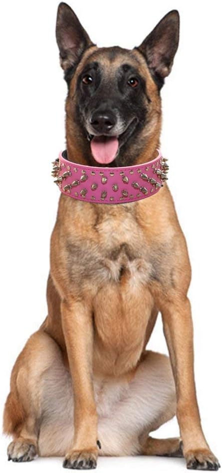 Serijoars Spiked Studded Dog Collar, PU Leather Dog Collar, Adjustable Pet Collars for Medium or Large Breed Pet (L, Hot Pink)