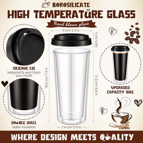 Honeydak 2 Pack 16 oz Double Walled Glass Coffee Mugs with Silicone Lids Clear Insulated Glass Travel Cups Reusable Hot and Iced Coffee Tumblers for Travel Home Office