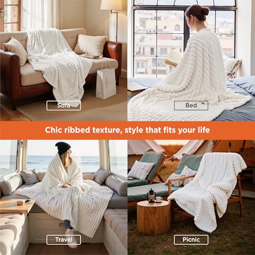 Bedsure GentleSoft White Throw Blanket for Couch - Soft Cozy Blankets for Women, Fluffy Fuzzy Fleece Throw for Girls, Birthday Gifts for Women Her, Room Home Boho Spring Decor, Off White, 50x60 Inches