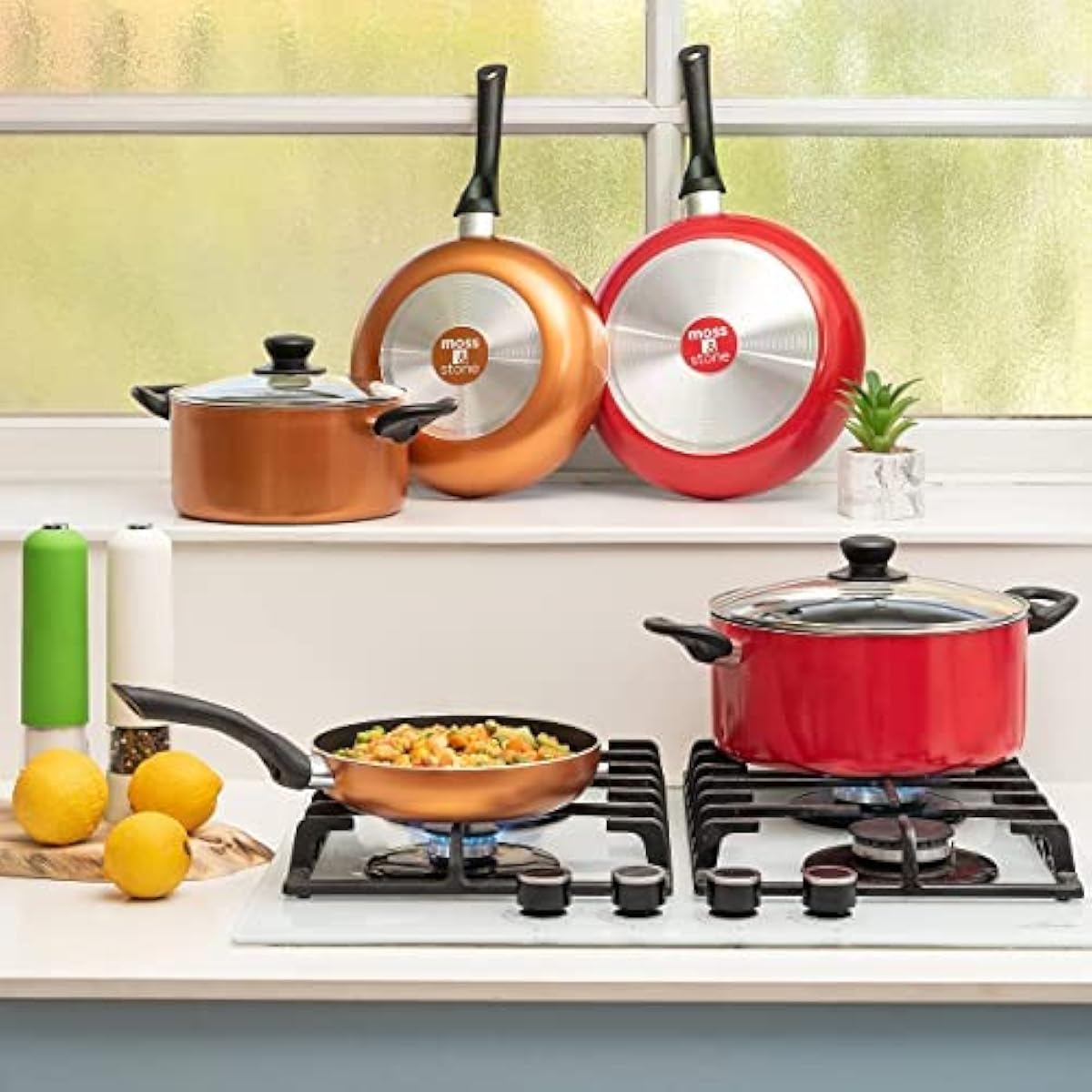Moss & Stone 4 Peice Nonstick , Aluminum, Copper Pots and Pans Set with Glass Lid, Copper Cookware Set