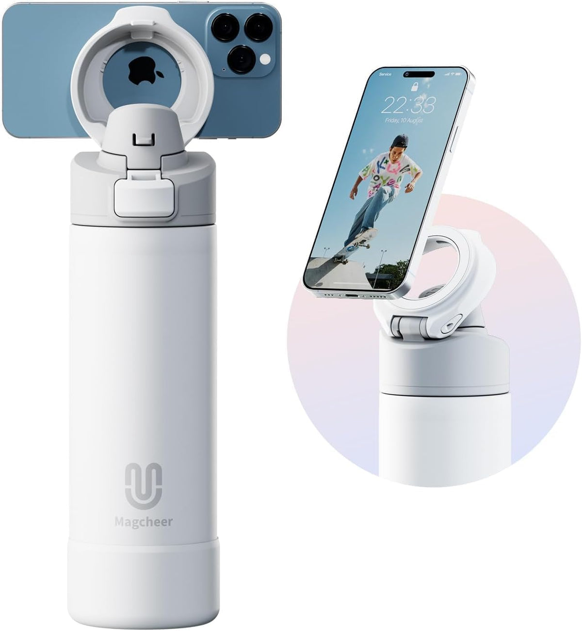 Insulated Magnetic Water Bottle - Reusable Stainless Steel Bottle with MagSafe Compatible Phone Holder - Keeps Cold for 24 Hours - Perfect for Gym, Sports, and Travel - White 24oz
