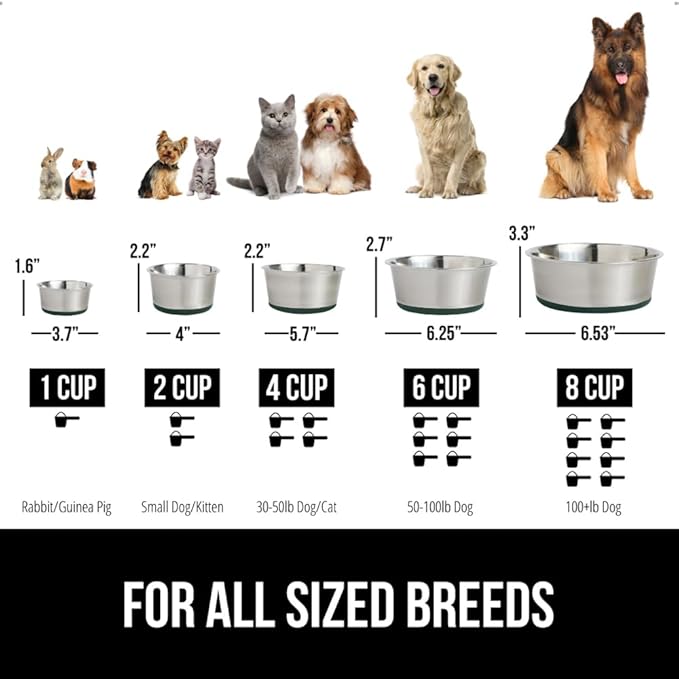 GORILLA GRIP Set of 2 Dog Bowls, Holds 4 Cups (32 fl oz), Heavy Duty Metal Food and Water Bowl for Feeding Dogs and Cats, Dishwasher Safe, Rust Resistant Stainless Steel, BPA Free Rubber Base, Green
