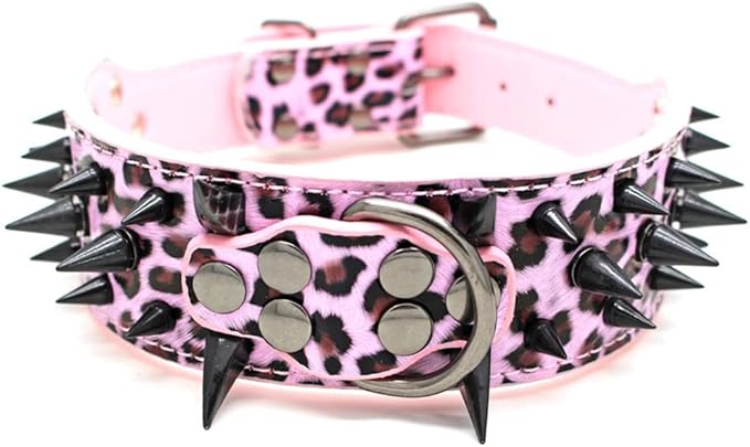 Serijoars Spiked Studded Dog Collar, PU Leather Dog Collar, Adjustable Pet Collars for Medium or Large Breed Pet (XL, Leopard3)