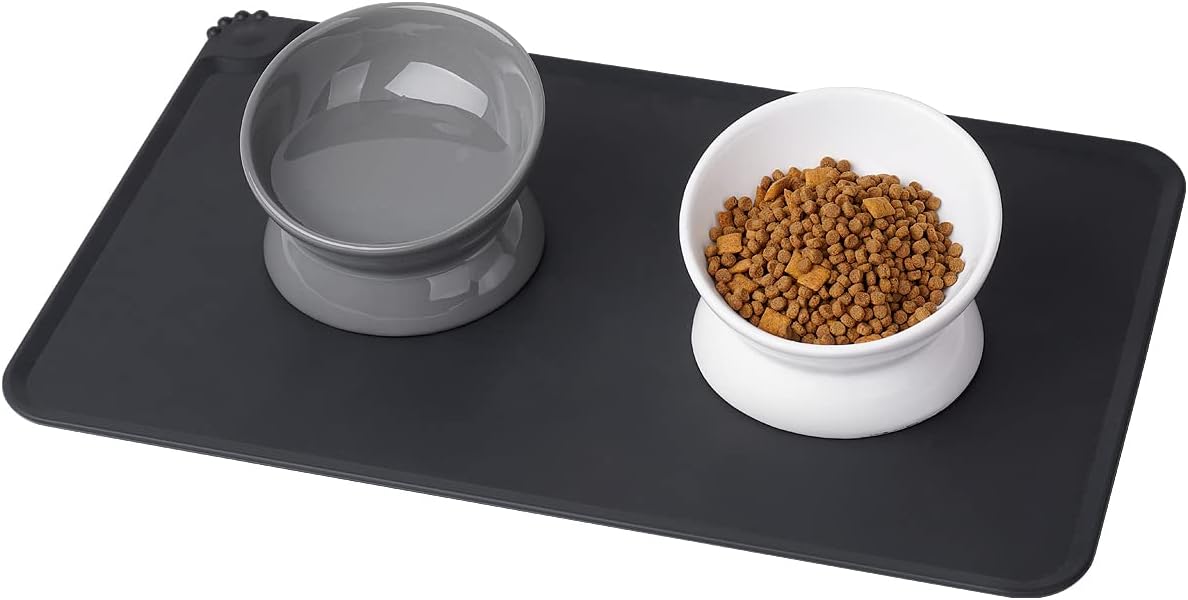 LoeJan Elevated Cat Food Bowl, 5 Oz Ceramic Raised and Tilted Water Bowl, Anti Vomiting and Protect Pets' Spines Dishes for Small Dog, Fat Faced Cat, Kitten (White & Grey)