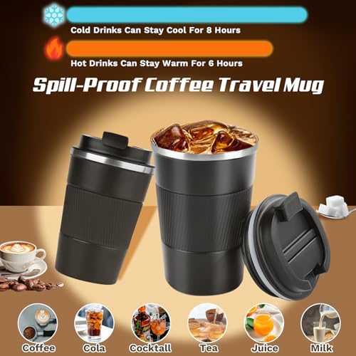 Vacuum-Insulated Stainless Steel Travel Coffee Mug, Leak-Proof Reusable Coffee Cup with Lid - Keep Hot & Cold Drinks for Hours, Durable Insulated Tumbler for Men & Women(3rd-Black, 12OZ)