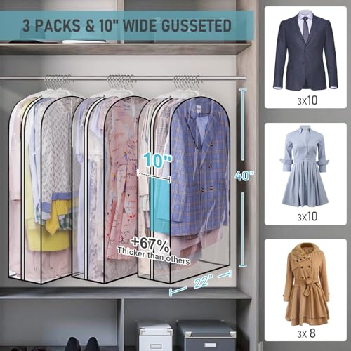 MISSLO 10" Gusseted All Clear Garment Bags for Hanging Clothes 3 Packs 40" Suit Bags for Closet Storage Hanging Clothes Storage Suit Cover for Shirts, Coats, Dresses