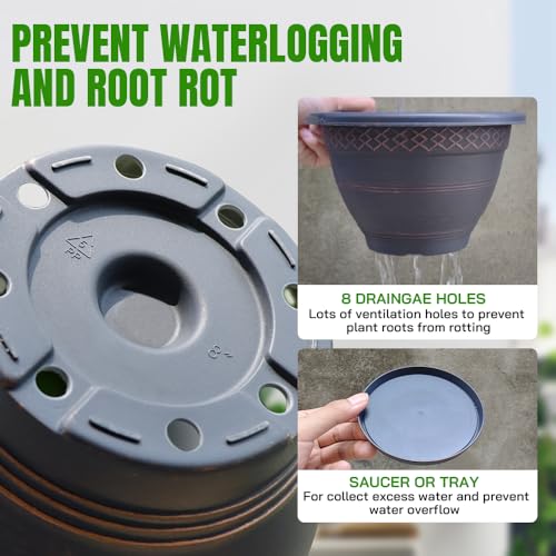 10 Inch 4 Pack Plant Pots, Plastic Flower Pot for Indoor & Outdoor with Drainage Holes & Saucer, Plaid Pattern Planters Garden Pots for Herbs