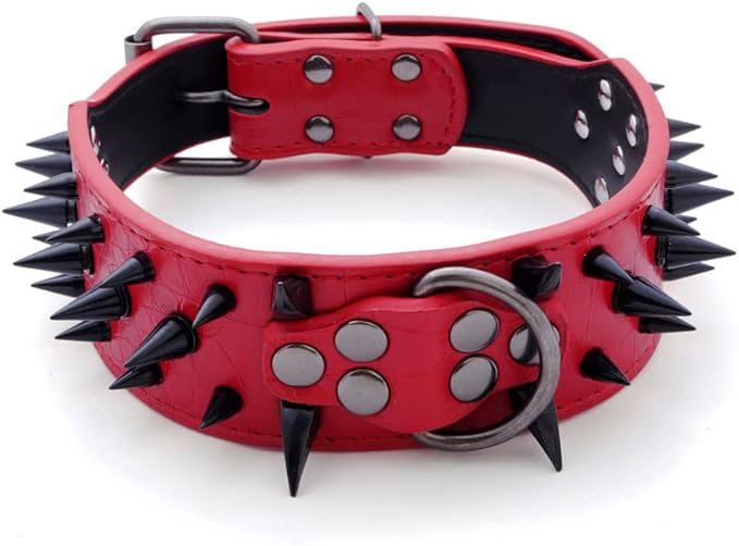 Serijoars Spiked Studded Dog Collar, PU Leather Dog Collar, Adjustable Pet Collars for Medium or Large Breed Pet (L, Red3)