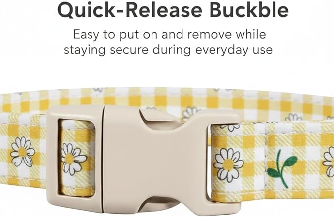 Cute Dog Collar, Yellow Plaid Dog Collar with White Floral Pattern, Spring Summer Design Floral Collar for Girls Boys Medium Dogs