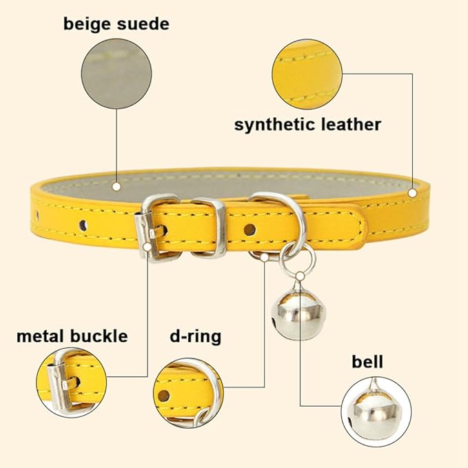 Gold Cat Collar with Bell, Soft Pu Leather Small Dog Collars Adjustable Buckle for XXS XS Extra Small Medium Tiny Female Male Boys Girls Pets Puppy Kitten Teacup Yorkie XX-Small