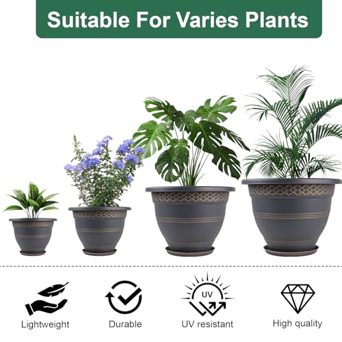 10 Inch 4 Pack Plant Pots, Plastic Flower Pot for Indoor & Outdoor with Drainage Holes & Saucer, Plaid Pattern Planters Garden Pots for Herbs