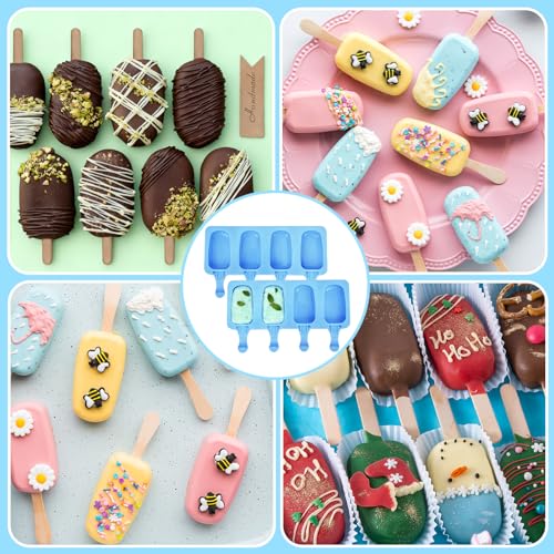 6 Set Small Silicone Popsicle Molds Ice Cream Mould 4 Cavity Ice Lolly Mold Oval Cake Pop Mould with 300 Pieces Wooden Sticks for DIY Cream Popsicle Cake, Pink Blue Green