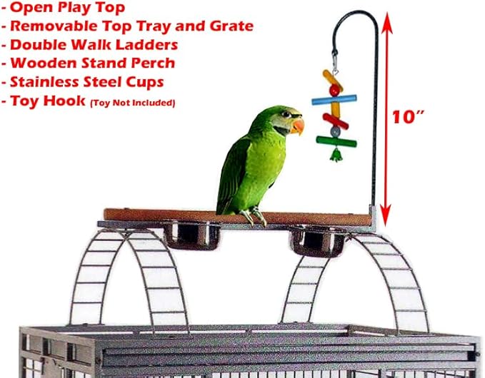 Extra Large Double Ladders Open Play Top Wrought Iron Bird Parrot Parakeet Finch Macaw Cockatoo Cage, Include Seed Guard and Toy Hook (35.5" L x 30.5" W x 66" H, Black Vein)