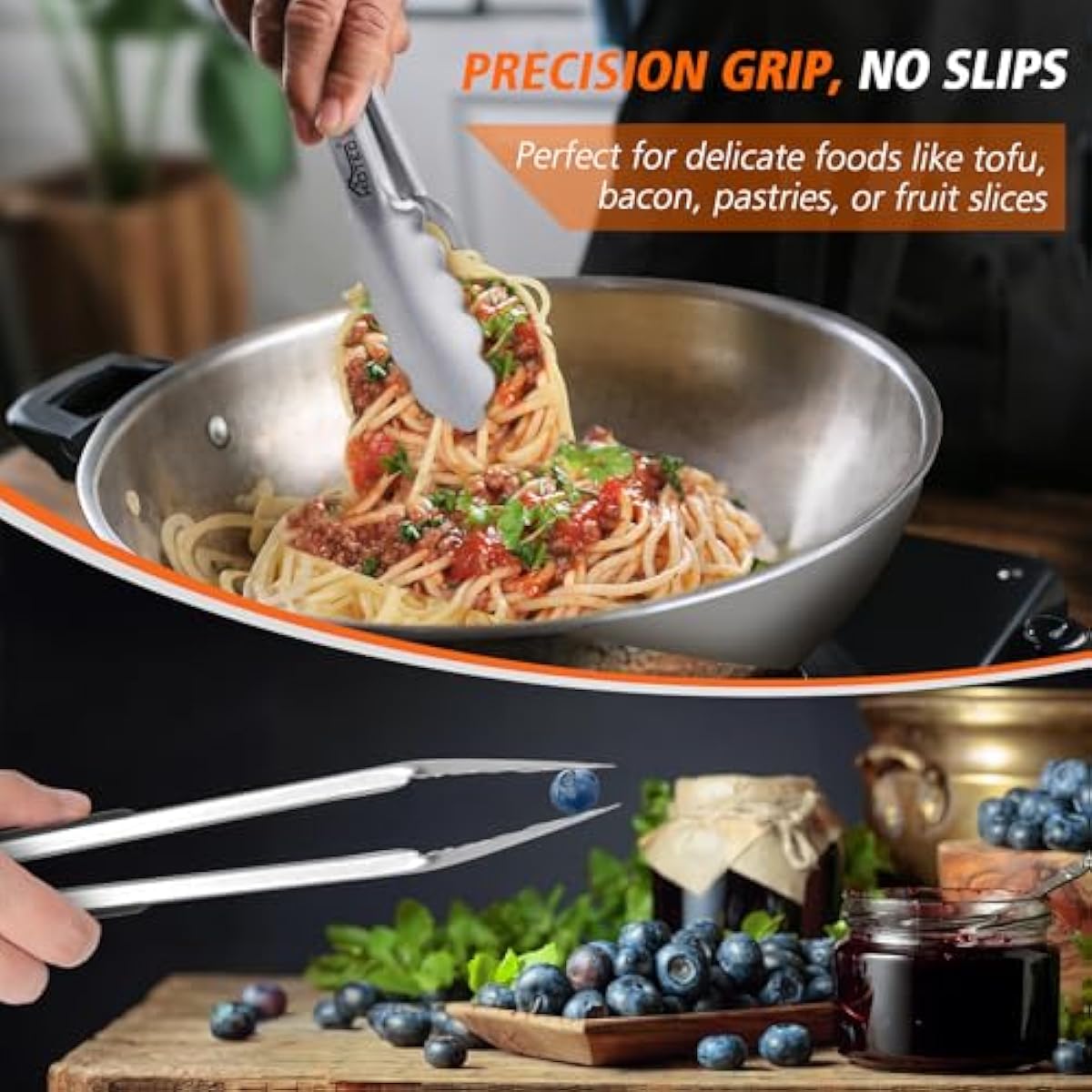 Hotec Stainless Steel Kitchen Tongs, Set of 2-9" and 12", Locking Metal Food Tongs for Cooking, Serving, BBQ, Grill Non-Slip Grip
