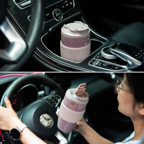 Ceramic Travel Coffee Mug with Polypropylene Lid and Insulated Sleeve, 16 oz, Portable Coffee Cup for Car Cup Holder, Transmutation Glaze Microwave and Dishwasher Safe(Pinkish Purple)