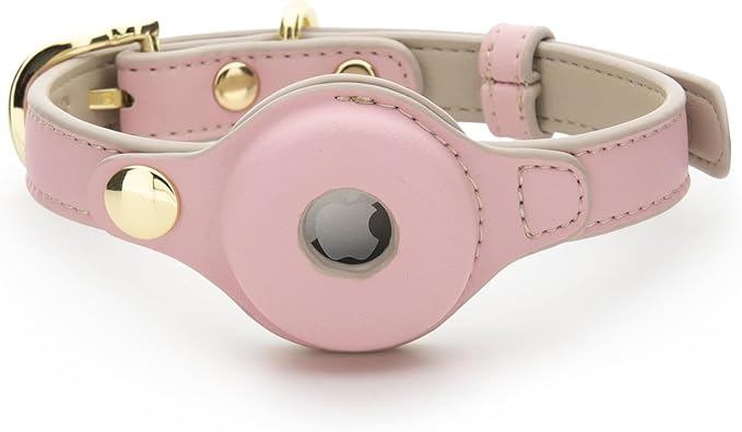 Cupertino Dog Collars, Harnesses & Leashes Made from Vegan Leather with Dog Tracker Device Holder Adjustable Dog Collar (Medium, Pink)