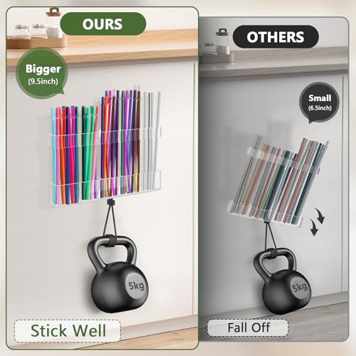 9.5” Large Acrylic Straw Holder for Cabinet Door - Reusable Tumbler Straw Organizer Storage, Small Kitchen Accessories Container, Ultra Sticky Cupboard Door Mounted (Transparent)