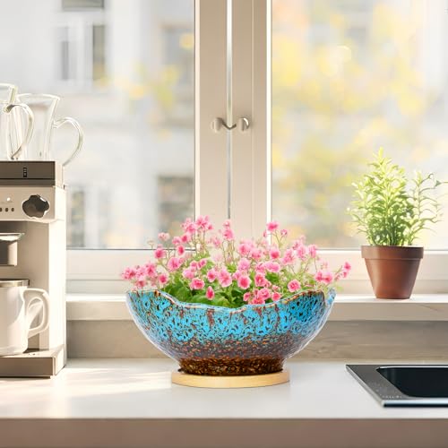 ARTKETTY Bonsai Pots - 9.06 Inch Large Plant Pots, Unique Succulent Pots with Drainage Tray, Ceramic Planters for Indoor Cactus Flower Plants Round Bonsai Tree Pots Decorative Home Office