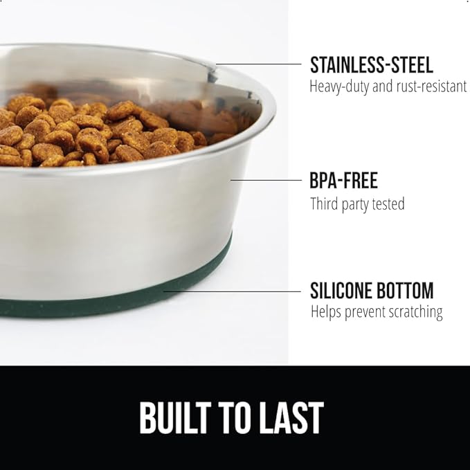 GORILLA GRIP Set of 2 Dog Bowls, Holds 6 Cups (48 fl oz), Heavy Duty Metal Food and Water Bowl for Feeding Dogs and Cats, Dishwasher Safe, Rust Resistant Stainless Steel, BPA Free Rubber Base, Green