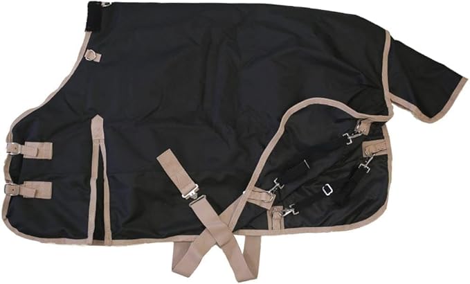AJ Tack 1200D Waterproof Winter Pony Blanket - 300g Heavyweight Turnout with Fleece Collar, Shoulder Gussets & Tail Flap - Black 56"