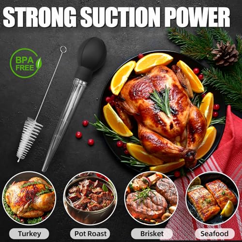Premium Turkey Basters for Cooking – Baster Syringe for Hot Liquids – Meat and Food Injector – Essential Thanksgiving Cooking Tool – Turkey Baster Large with Cleaning Brush(Black)