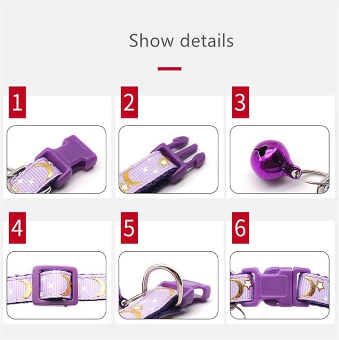 Reflective Cat Collars Breakaway with Bell Moons Stars 2 Pack Girl Boy Pet Kitten Collar Adjustable 7.5-12.5 Inch (red)
