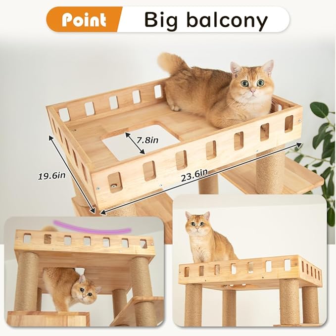 74" Wooden Cat Tree Tower for Large Cats, Multi-Level Cat Climbing Furniture with Scratching Posts, Cat Condo & Hammock, Natural Wood Cat Activity Center(Brown)