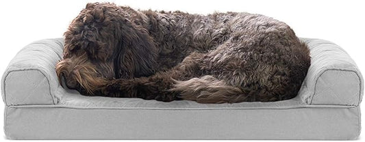 Furhaven Cooling Gel Dog Bed for Medium/Small Dogs w/ Removable Bolsters & Washable Cover, For Dogs Up to 35 lbs - Quilted Sofa - Silver Gray, Medium