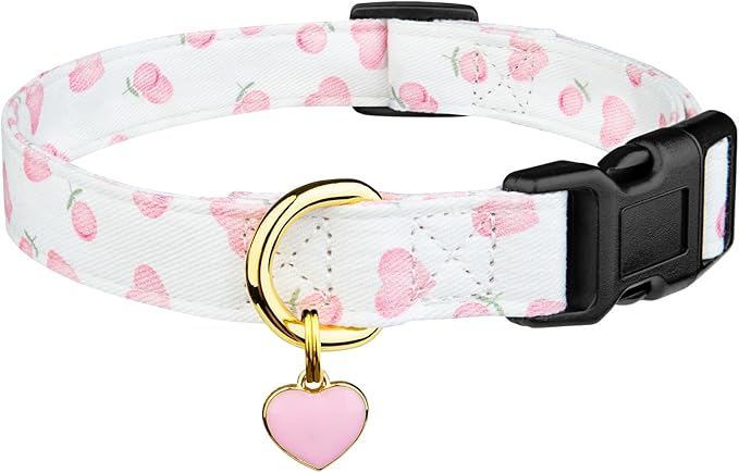 Cotton Handmade Dog Collar Cute and Distinctive Patterns White and Pink Love Heart with Pendant for Girl Boy Dogs Collars M