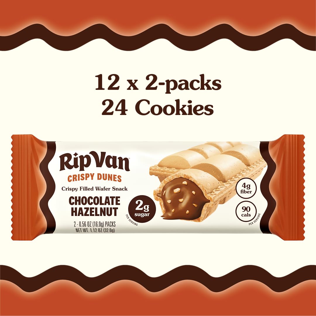 Rip Van Crispy Dunes Vegan Chocolate Hazelnut Wafer Sticks – Low-Calorie Keto Snack with Hazelnut Cream Filling, 90 Calories, Non-GMO, Prebiotic Fiber - 12 Pack