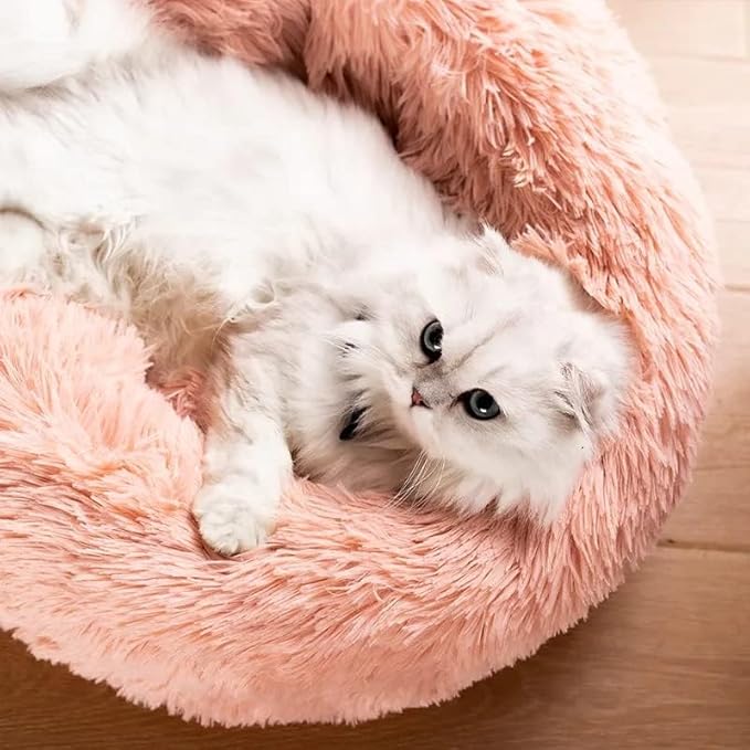 Cat Beds for Indoor Cats - Cat Bed Washable 20/24 inches, Dog Beds for Small Medium Dogs, Anti Anxiety Round Fluffy Plush Faux Fur Pet Bed, Thick Bottom (Pink, Medium)