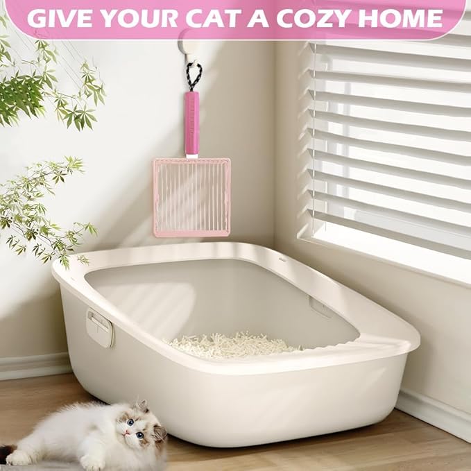 Cat Litter Scoop, 2-in-1 Detachable Ergonomic Handle, Metal, Bar Grid Shape with Suspendable Cord (Pink)