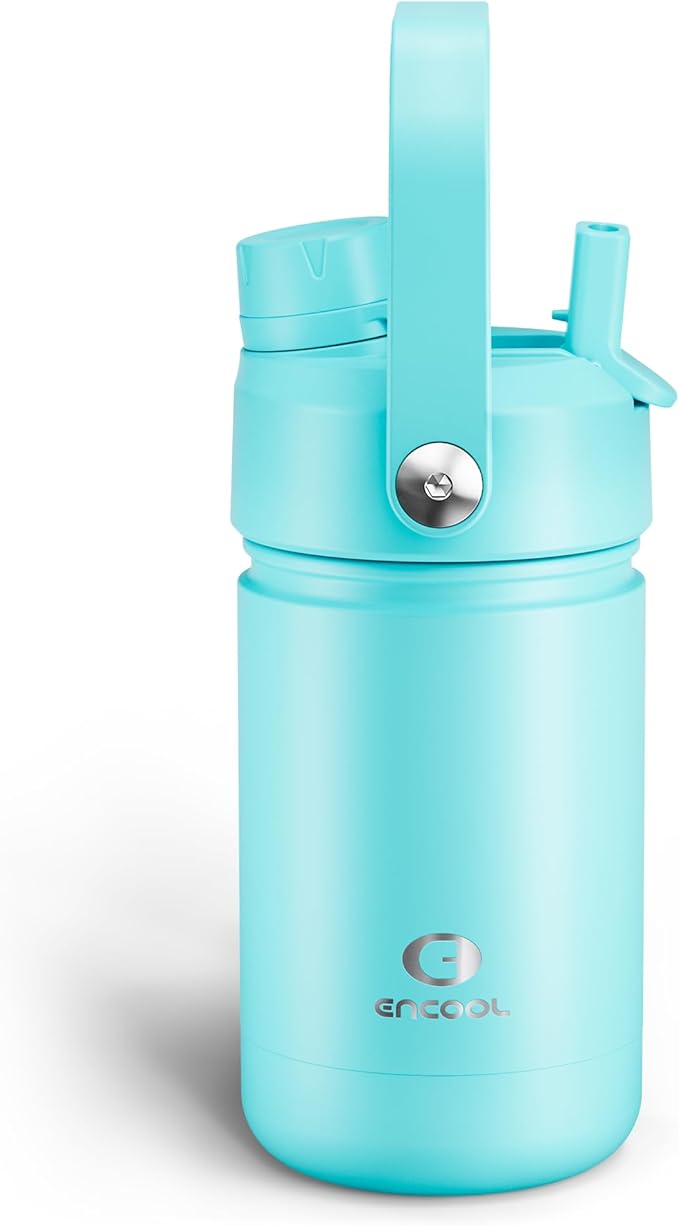 Kids Insualated Water Bottle with Straw - 12oz Stainless Steel Water Bottle with Dual Spouts, Leak-Proof, BPA-Free, Double Wall Vacuum Keeps Cold for 24 Hours for Sports, Travel (Aquamarine Blue)