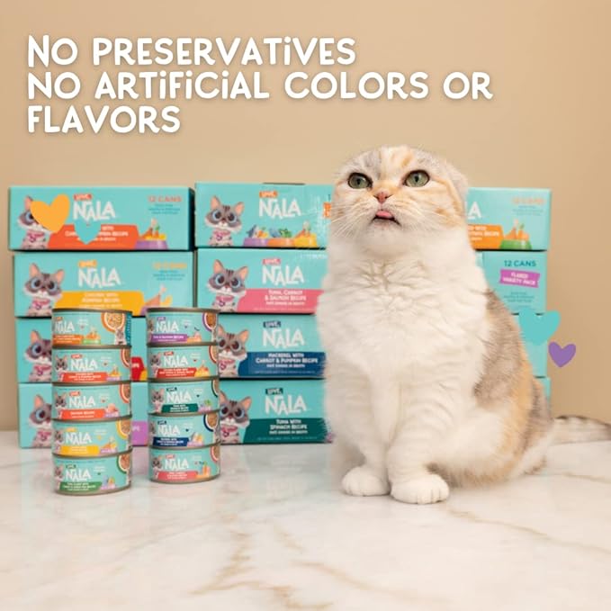 LOVE, NALA - Natural Adult Cat Wet Food - Pate Variety Pack - Tuna, Chicken, Tuna and Salmon - Grain Free, Non-GMO, Fiber Blend, Minerals, Vitamins - 12 Pack 2.1 lbs.