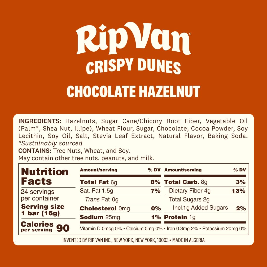 Rip Van Crispy Dunes Vegan Chocolate Hazelnut Wafer Sticks – Low-Calorie Keto Snack with Hazelnut Cream Filling, 90 Calories, Non-GMO, Prebiotic Fiber - 12 Pack