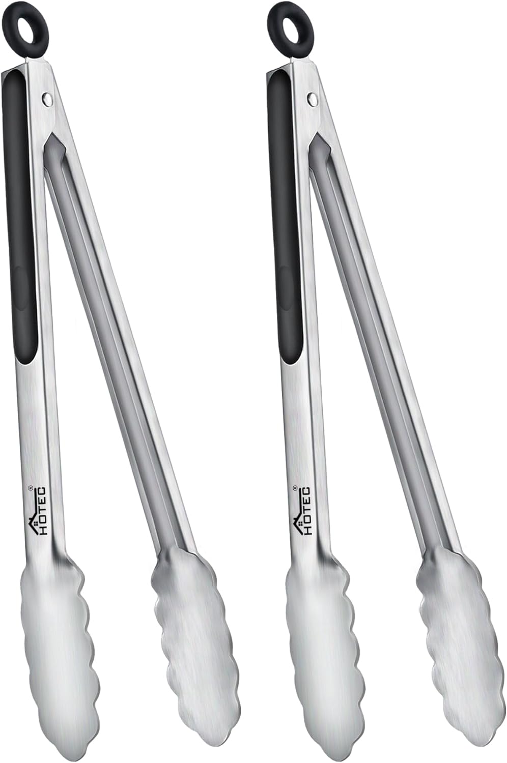 Hotec Stainless Steel Kitchen Tongs, Set of 2-9" and 12", Locking Metal Food Tongs for Cooking, Serving, BBQ, Grill Non-Slip Grip