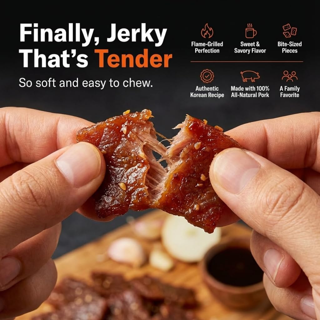 Golden Island Korean BBQ Pork Jerky - (2 Pack) 9 oz Resealable Bag - Fire-Grilled Specialty Meat Snack - Sweet & Savory Protein Snack - 7g Protein per Serving - Made with 100% All-Natural Pork